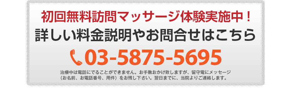 初回無料体験施術実施中!詳しい料金説明やお問合せはこちら03-5875-5695